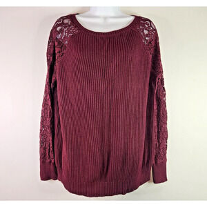 Truly Poppy Scoop Neck Dark Red Sheer Lace Long Sleeve Sweater Women's L